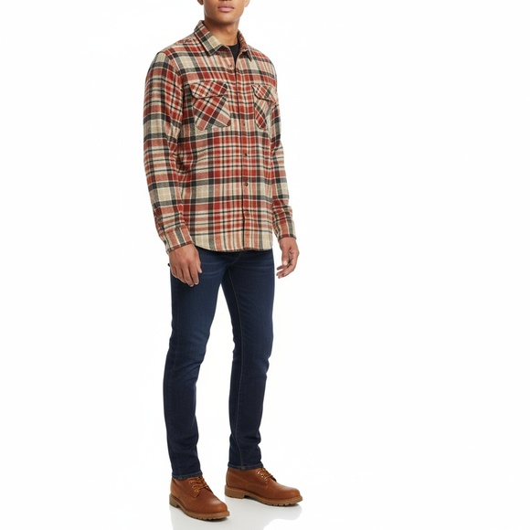 Eddie Bauer Flannel Mens Size M Red Black Beige Plaid Long Sleeve Casual Rustic - Picture 1 of 15